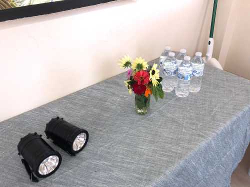 A table with two flashlights, a vase of flowers, and four bottles of water on a gray tablecloth.