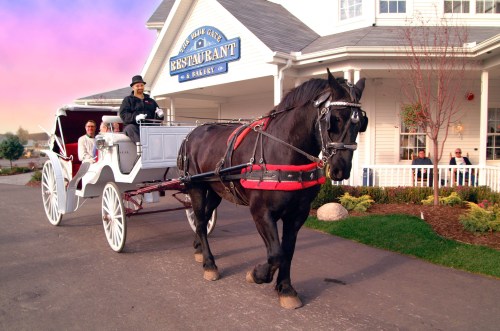 A horse-drawn carriage with a driver and passenger approaches a restaurant with a sign, set against a colorful sky.