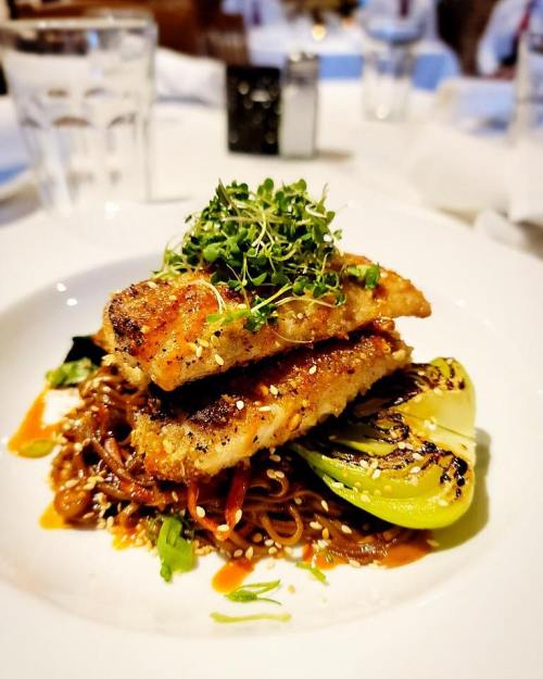A plate of grilled fish atop noodles, garnished with microgreens and lime, served with a drizzle of sauce.
