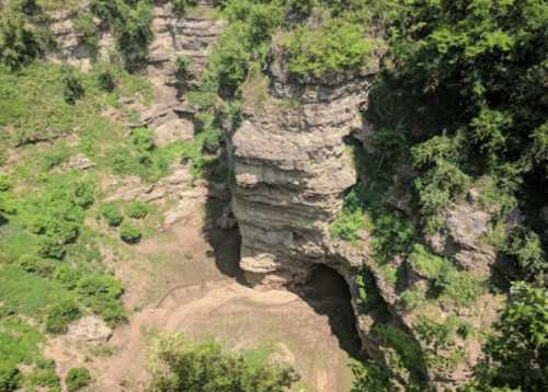 A rocky cliff with layered stone formations surrounded by lush greenery and a dry, open area below.