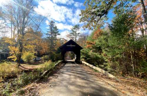 A scenic view of a covered bridge surrounded by autumn trees and a clear blue sky.