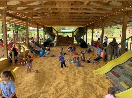 Children playing in a large, sandy area under a wooden structure with slides, surrounded by adults and outdoor activities.