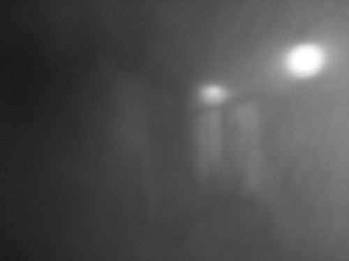 A blurred, monochromatic image featuring soft light sources and indistinct shapes in a foggy environment.