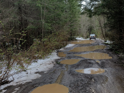 A muddy, uneven dirt road with large puddles, surrounded by trees and a vehicle partially visible in the distance.
