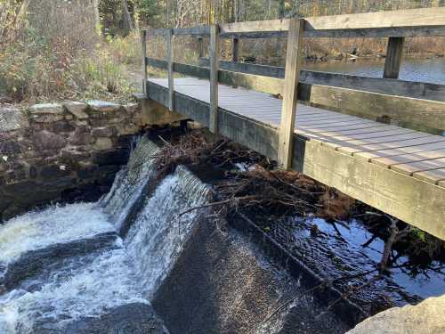 A wooden bridge spans a small waterfall, surrounded by trees and a calm river in a natural setting.