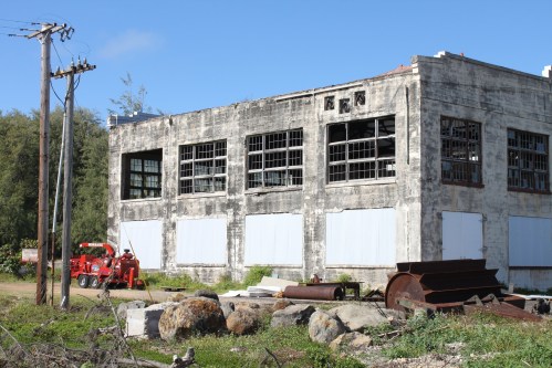 Abandoned building with broken windows, surrounded by debris and overgrown vegetation, under a clear blue sky.