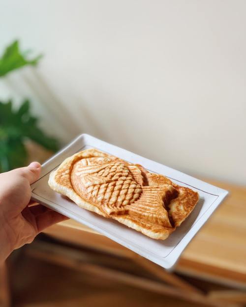 A hand holding a plate with a golden-brown taiyaki, a fish-shaped pastry, against a light background.