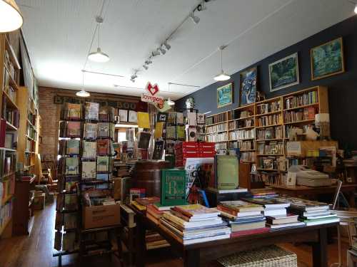 A cozy bookstore filled with shelves of books, tables stacked with titles, and artwork on the walls.