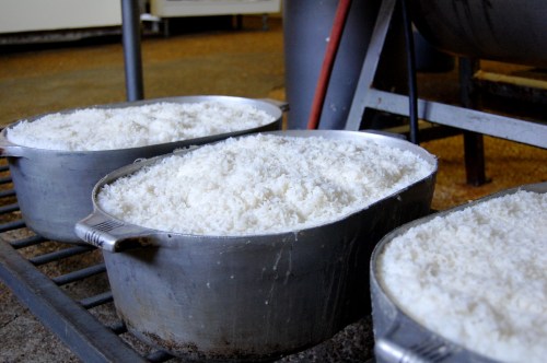 Three large metal containers filled with fluffy, cooked white rice, placed on a metal rack in a kitchen setting.