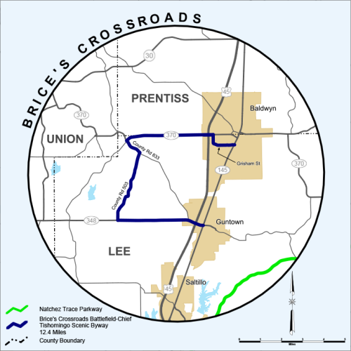 Map of Brice's Crossroads, showing routes, landmarks, and county boundaries in Mississippi.