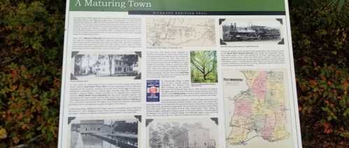 Informational sign titled "A Maturing Town," featuring historical maps, images, and text about the area's heritage.