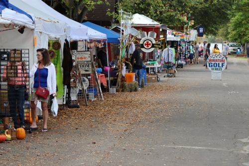 A street lined with vendor tents and people browsing, surrounded by autumn leaves and decorations.