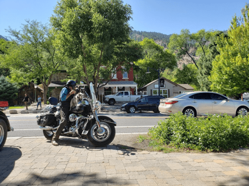 A motorcyclist in a helmet rides past a street lined with trees and shops on a sunny day.