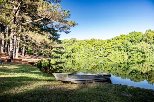 A small boat rests on the shore of a calm lake, surrounded by lush green trees and a clear blue sky.