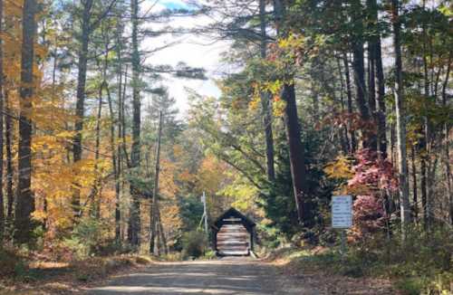 A dirt road leads through a colorful autumn forest, with a small covered bridge in the distance and a sign nearby.