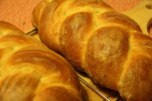 Two freshly baked braided loaves of bread resting on a cooling rack.