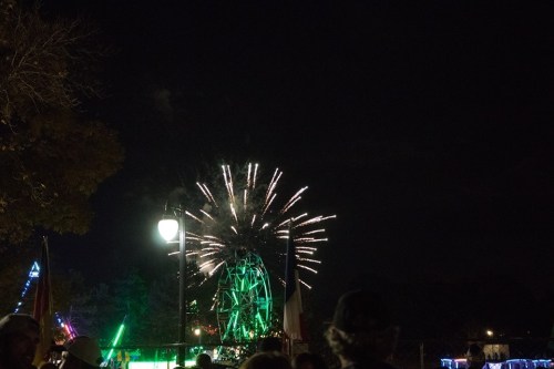 Fireworks illuminate the night sky above a ferris wheel, with silhouettes of people in the foreground.