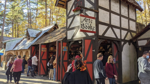 A bustling outdoor market with people browsing a shop called "Arte of the Book" surrounded by autumn trees.