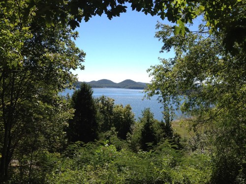 A serene view of a lake framed by lush green trees and distant hills under a clear blue sky.