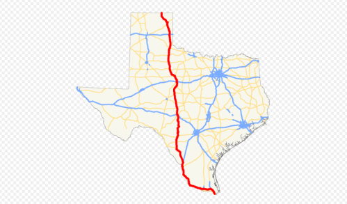 Map of Texas highlighting major highways, with a prominent red line indicating a specific route.
