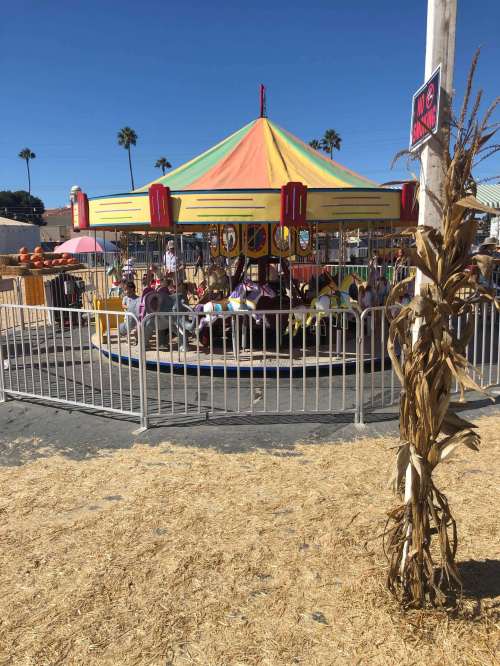 A colorful carousel at a fair, surrounded by a fence, with palm trees and a corn stalk in the foreground.