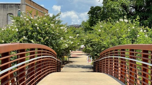 A wooden bridge leads through lush greenery under a bright blue sky with fluffy clouds.
