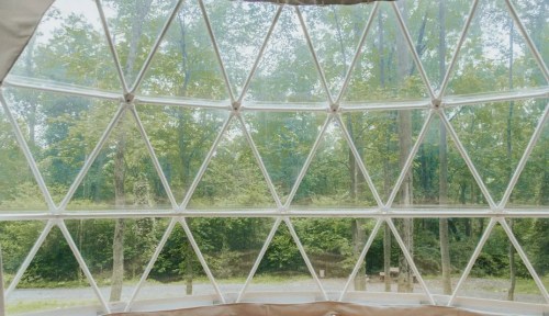 A geometric glass window with a view of lush green trees and a forested landscape outside.
