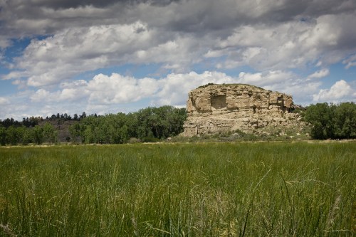 A rocky outcrop rises above a grassy field under a cloudy sky, surrounded by trees in the background.