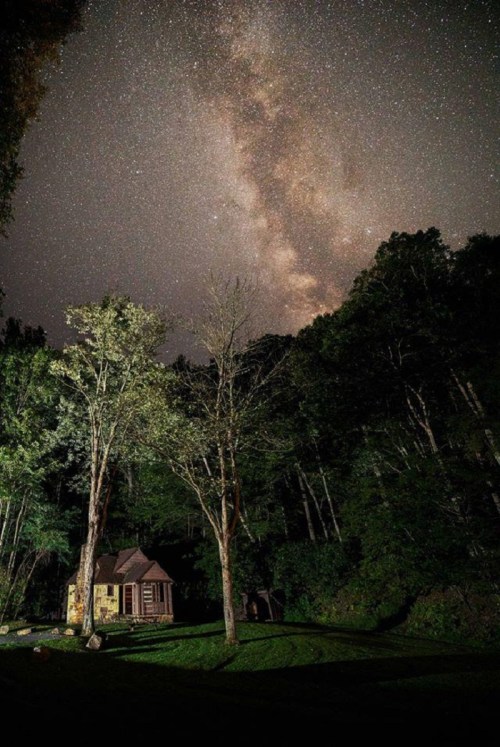 A cabin surrounded by trees under a starry sky with the Milky Way visible above.
