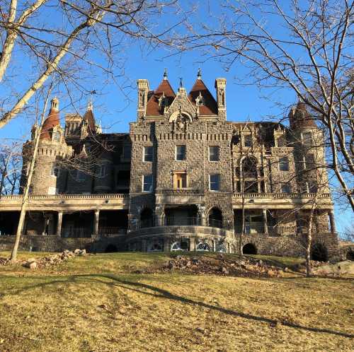 A grand stone castle with turrets and intricate architecture, set against a clear blue sky and bare trees.