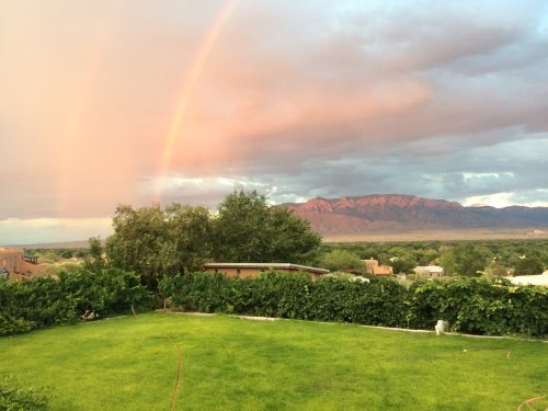 A vibrant rainbow arcs over a green lawn, with mountains and a cloudy sky in the background.