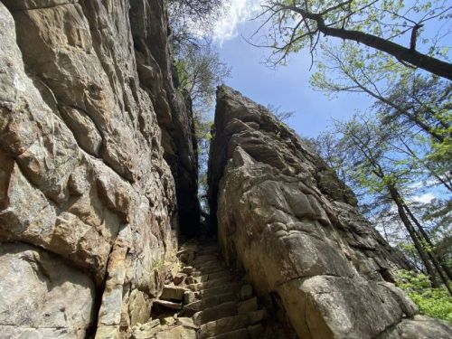 Narrow rocky passageway with stone steps leading through tall cliffs and greenery under a blue sky.