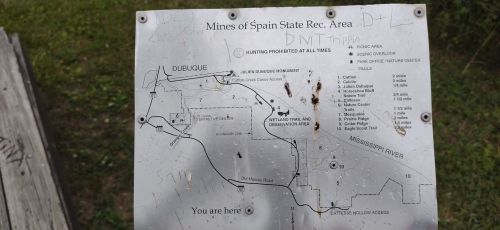 Map of Mines of Spain State Recreation Area, showing trails and points of interest, with "You are here" marked.