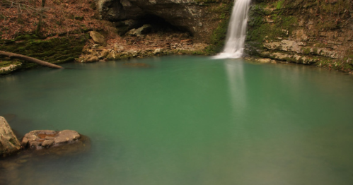 A serene turquoise pool with a small waterfall surrounded by mossy rocks and trees in a tranquil forest setting.