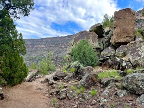 A rocky trail winds through a mountainous landscape with green shrubs and trees under a partly cloudy sky.