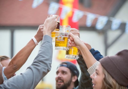 A group of friends cheer with beer mugs at a festive outdoor gathering, celebrating together.