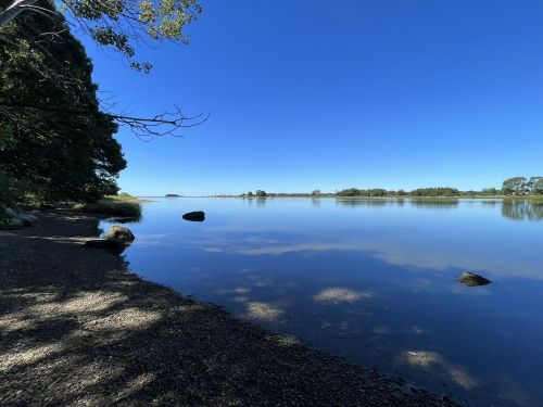 A calm river scene with clear blue skies, trees lining the shore, and smooth water reflecting the landscape.