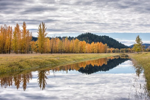 A serene river reflects vibrant autumn trees and a cloudy sky, surrounded by rolling hills.