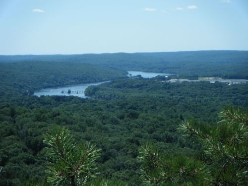 A panoramic view of a lush green landscape with a winding river and distant hills under a clear blue sky.