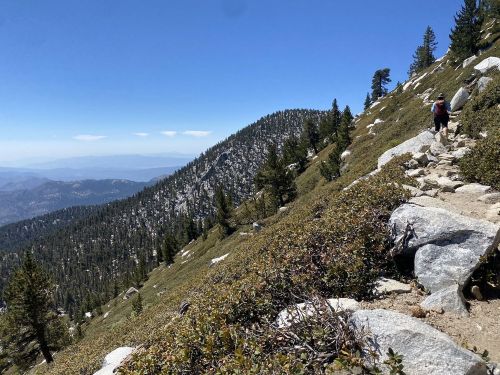 A hiker walks along a rocky trail on a mountainside, surrounded by greenery and distant blue mountains under a clear sky.