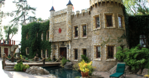 A stone castle with turrets, surrounded by greenery and a small pond, featuring a wooden bridge in front.