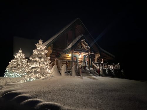A cozy log cabin illuminated at night, surrounded by snow-covered trees and a blanket of fresh snow.