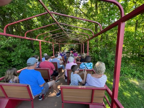 A group of people sitting on a red train car, surrounded by lush greenery on a sunny day.