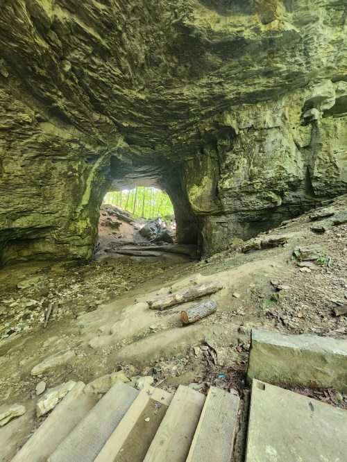 A rocky cave entrance surrounded by greenery, with wooden steps leading into the cave.