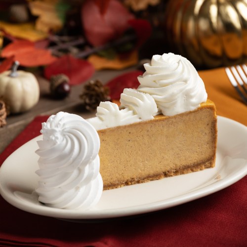 A slice of pumpkin cheesecake topped with whipped cream, surrounded by autumn leaves and decorative pumpkins.