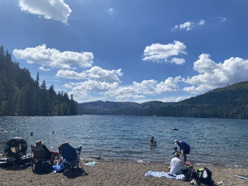 A sunny lakeside scene with people swimming, relaxing on the beach, and trees lining the shore under a blue sky.