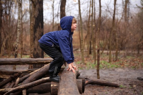 A young boy in a blue jacket crouches on a log in a wooded area, surrounded by bare trees and fallen branches.