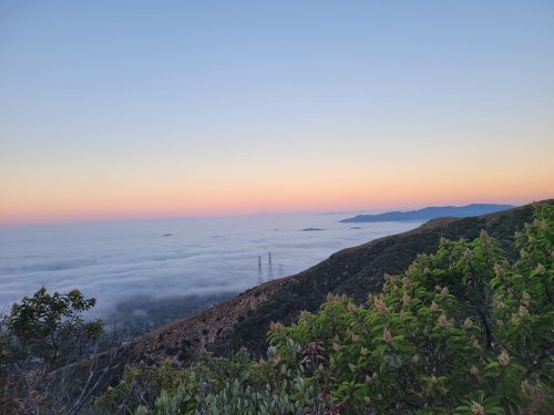 A serene landscape at dawn, with mountains above a sea of clouds and a colorful sky transitioning from pink to blue.