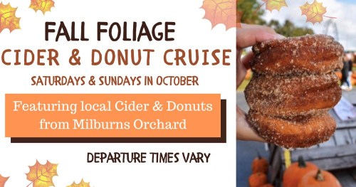 Promotional image for a Fall Foliage Cider & Donut Cruise featuring local cider and donuts, with autumn leaves in the background.