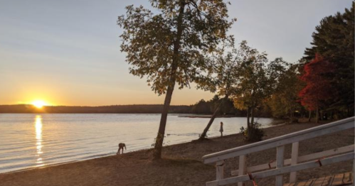 Sunset over a calm lake, with trees and people walking along the shore. Warm colors reflect on the water.